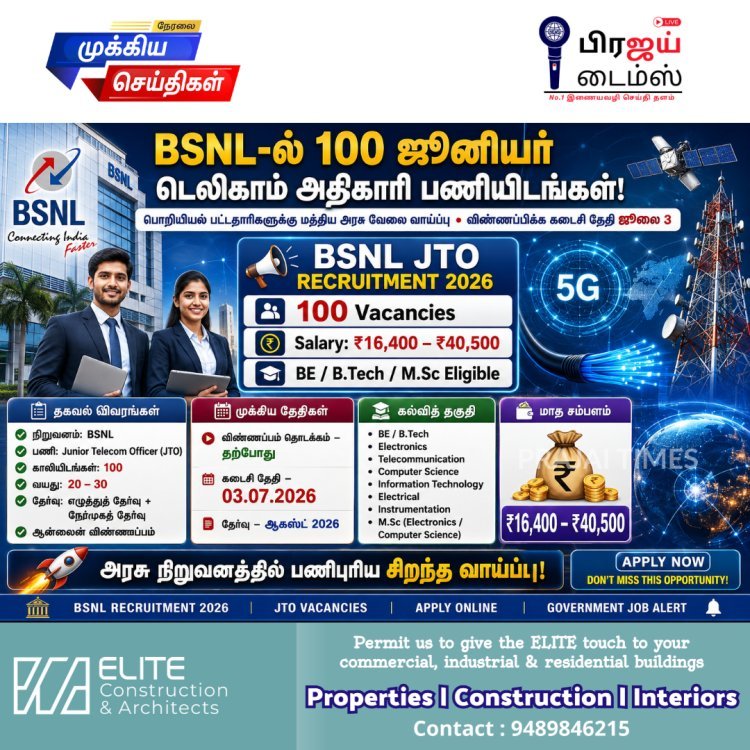 பிஎஸ்என்எலில் 100 ஜூனியர் டெலிகாம் அதிகாரி பணியிடங்கள்: ஜூலை 3 வரை விண்ணப்பிக்கலாம்