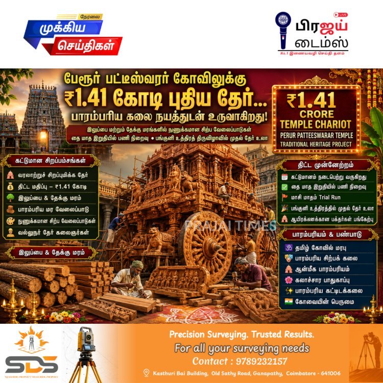 பேரூர் பட்டீஸ்வரர் கோவிலுக்கு புதிய தேர்! ₹1.41 கோடியில் வேகமாக நடைபெறும் பணிகள்