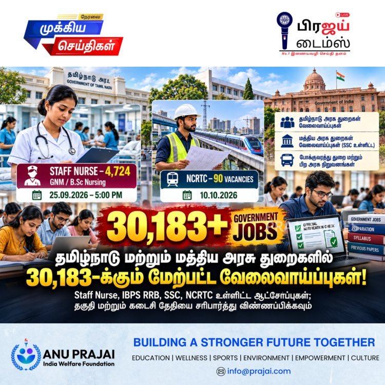 தமிழ்நாடு மற்றும் மத்திய அரசு துறைகளில் 30,183-க்கும் மேற்பட்ட வேலைவாய்ப்புகள்